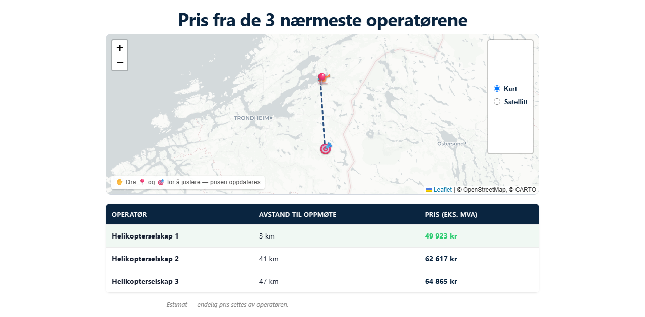 Skjermbilde av Kalkulatorene – prisestimat med kart og pris fra de tre nærmeste operatørene