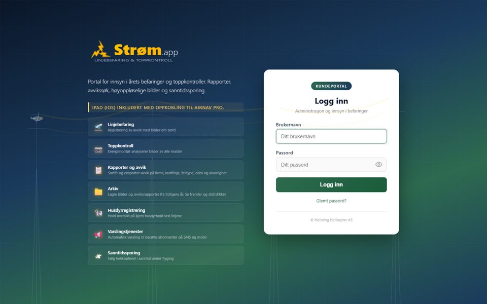 strøm.app – portal for helikopterbasert linjeinspeksjon og toppkontroll av kraftlinjer